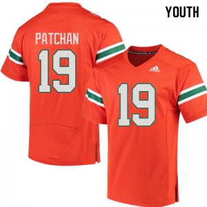 #19 Scott Patchan Miami Hurricanes Youth Embroidery Jersey Orange